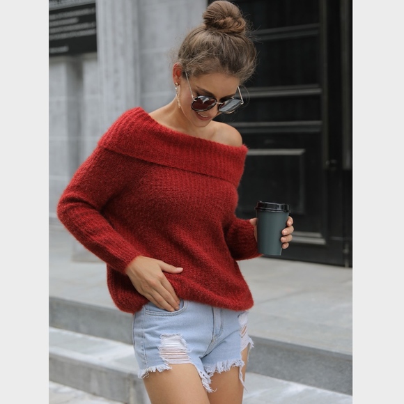 Red Off Shoulder Fold Over Sweater - Picture 2 of 8